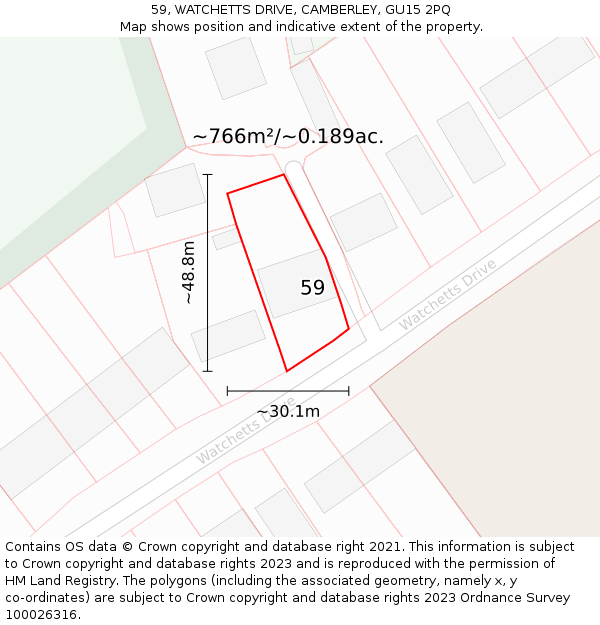 59, WATCHETTS DRIVE, CAMBERLEY, GU15 2PQ: Plot and title map