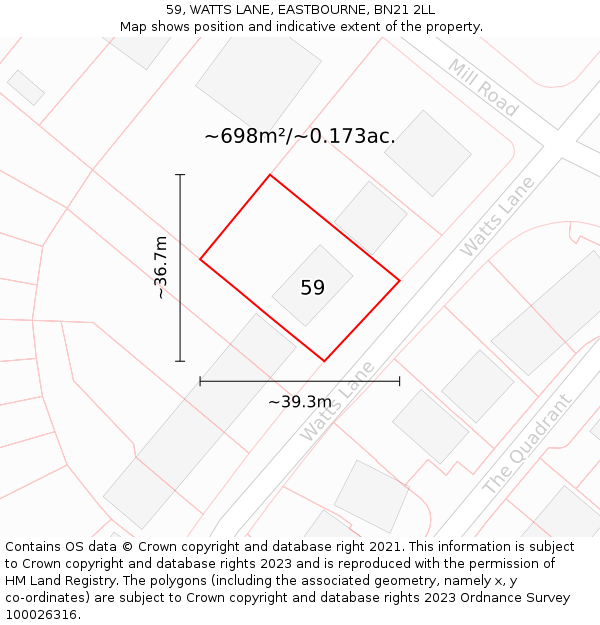 59, WATTS LANE, EASTBOURNE, BN21 2LL: Plot and title map