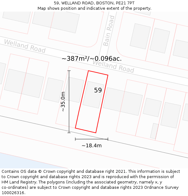 59, WELLAND ROAD, BOSTON, PE21 7PT: Plot and title map