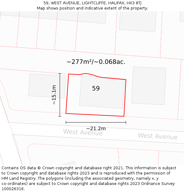 59, WEST AVENUE, LIGHTCLIFFE, HALIFAX, HX3 8TJ: Plot and title map