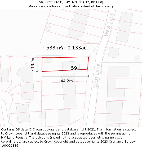 59, WEST LANE, HAYLING ISLAND, PO11 0JJ: Plot and title map