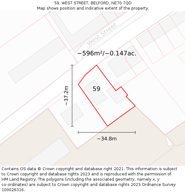 59, WEST STREET, BELFORD, NE70 7QD: Plot and title map