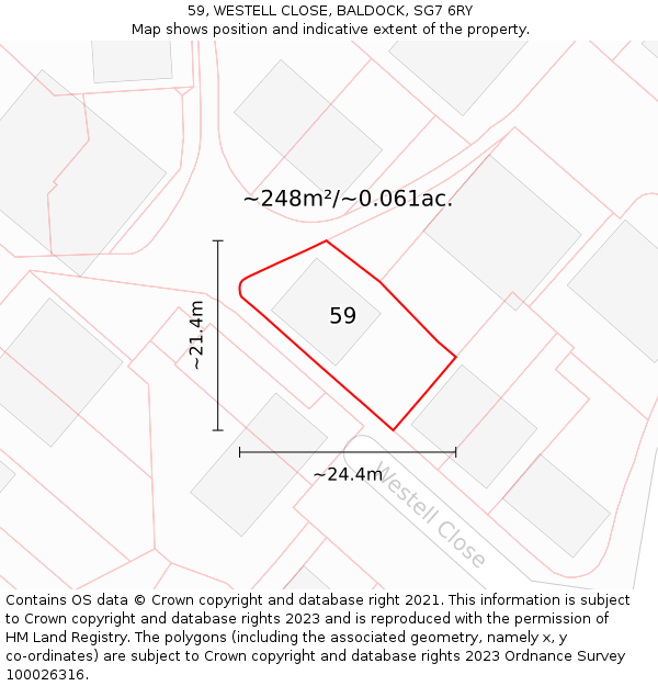 59, WESTELL CLOSE, BALDOCK, SG7 6RY: Plot and title map