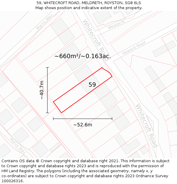 59, WHITECROFT ROAD, MELDRETH, ROYSTON, SG8 6LS: Plot and title map