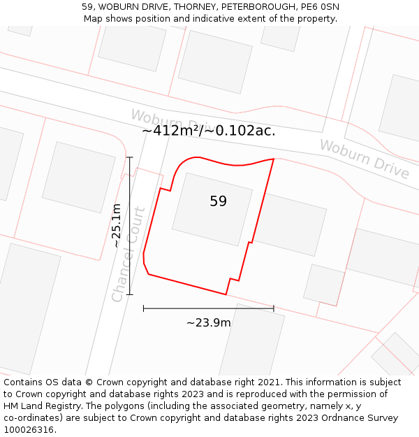 59, WOBURN DRIVE, THORNEY, PETERBOROUGH, PE6 0SN: Plot and title map