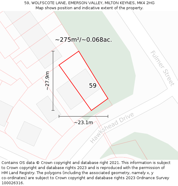 59, WOLFSCOTE LANE, EMERSON VALLEY, MILTON KEYNES, MK4 2HG: Plot and title map