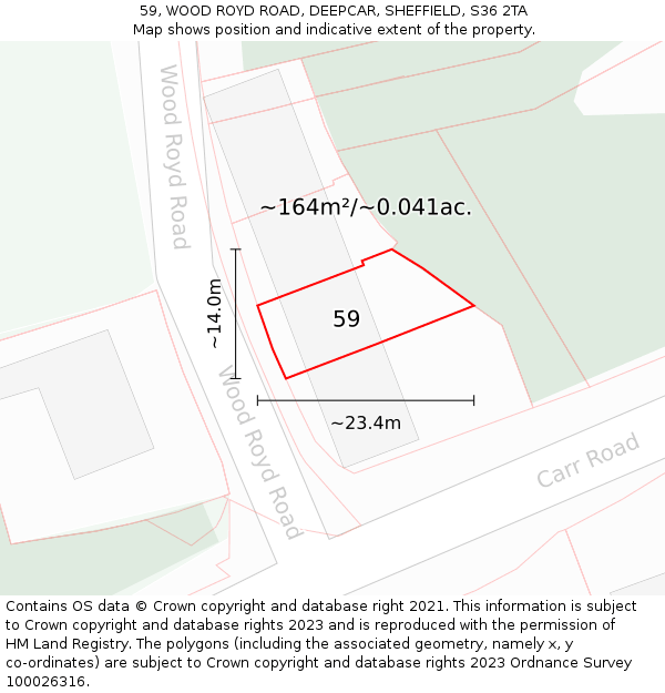 59, WOOD ROYD ROAD, DEEPCAR, SHEFFIELD, S36 2TA: Plot and title map