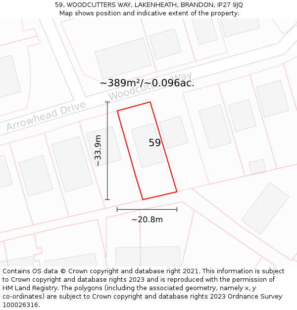 59, WOODCUTTERS WAY, LAKENHEATH, BRANDON, IP27 9JQ: Plot and title map