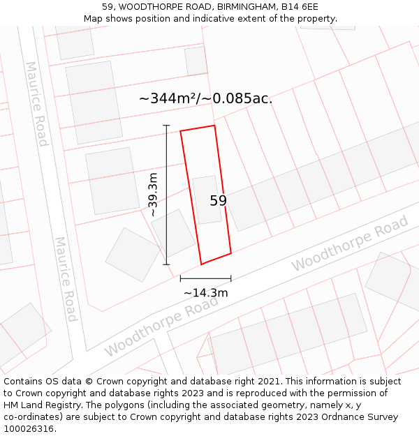 59, WOODTHORPE ROAD, BIRMINGHAM, B14 6EE: Plot and title map