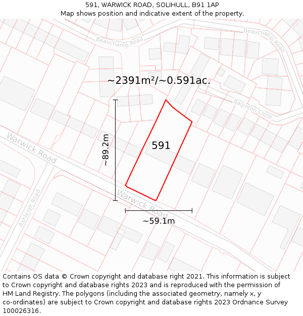 591, WARWICK ROAD, SOLIHULL, B91 1AP: Plot and title map