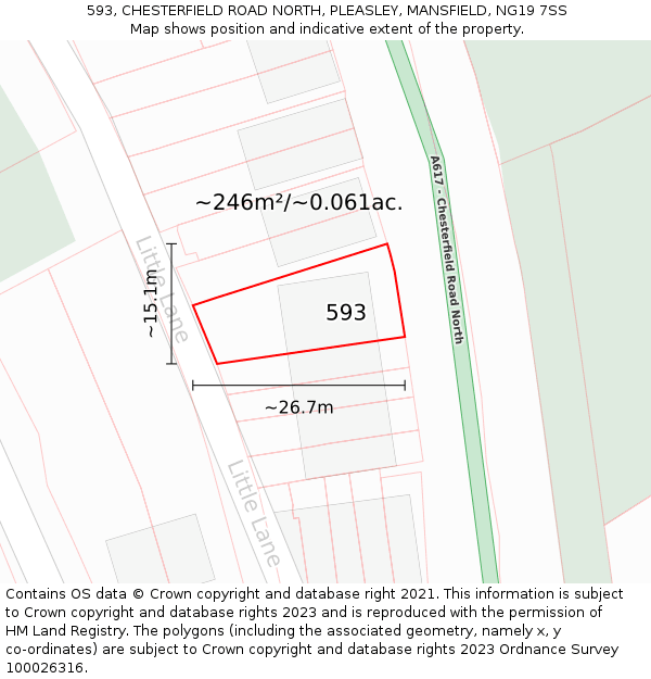 593, CHESTERFIELD ROAD NORTH, PLEASLEY, MANSFIELD, NG19 7SS: Plot and title map