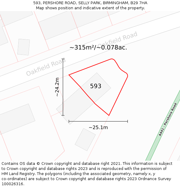 593, PERSHORE ROAD, SELLY PARK, BIRMINGHAM, B29 7HA: Plot and title map