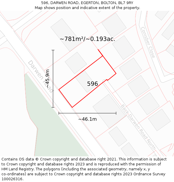 596, DARWEN ROAD, EGERTON, BOLTON, BL7 9RY: Plot and title map