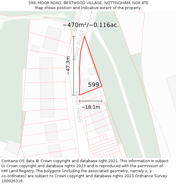 599, MOOR ROAD, BESTWOOD VILLAGE, NOTTINGHAM, NG6 8TE: Plot and title map