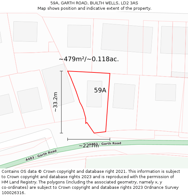 59A, GARTH ROAD, BUILTH WELLS, LD2 3AS: Plot and title map