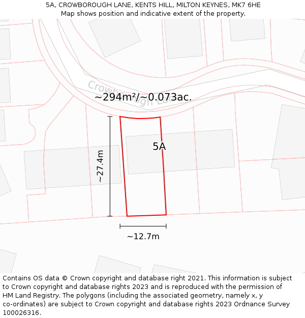 5A, CROWBOROUGH LANE, KENTS HILL, MILTON KEYNES, MK7 6HE: Plot and title map