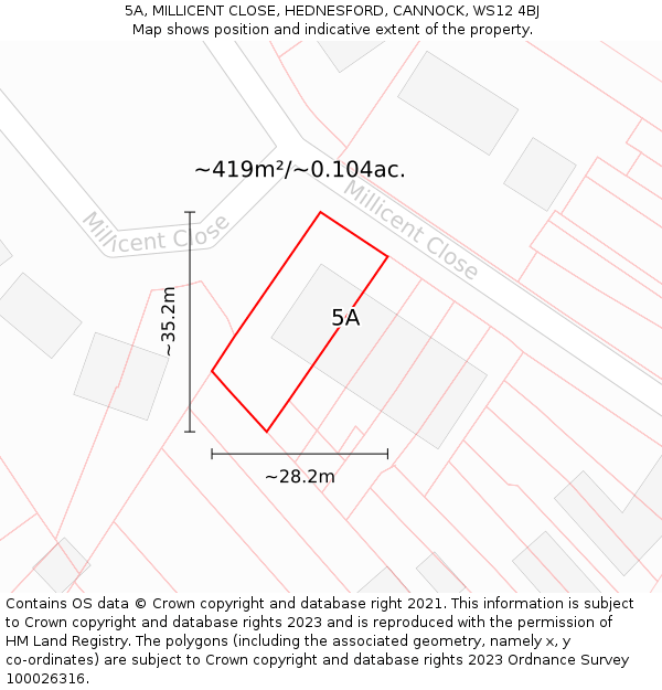 5A, MILLICENT CLOSE, HEDNESFORD, CANNOCK, WS12 4BJ: Plot and title map