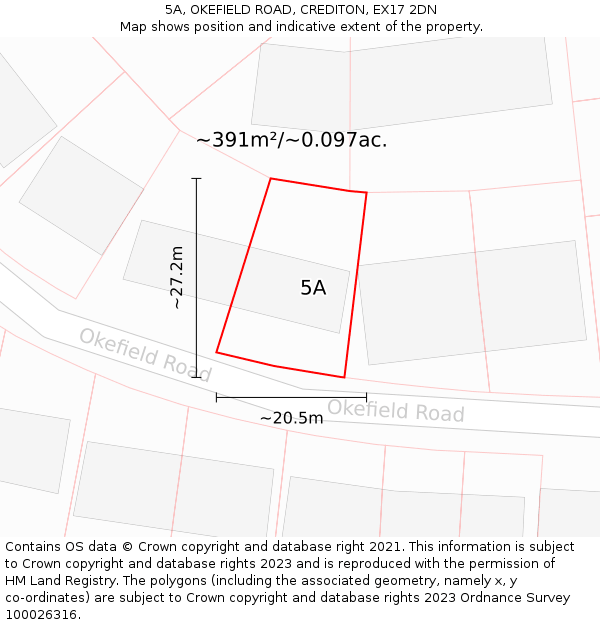 5A, OKEFIELD ROAD, CREDITON, EX17 2DN: Plot and title map