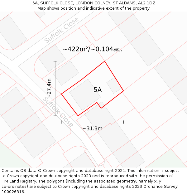 5A, SUFFOLK CLOSE, LONDON COLNEY, ST ALBANS, AL2 1DZ: Plot and title map