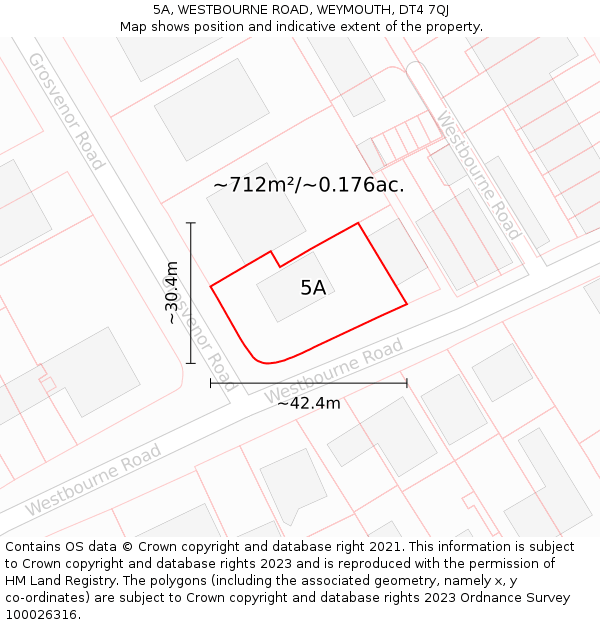 5A, WESTBOURNE ROAD, WEYMOUTH, DT4 7QJ: Plot and title map