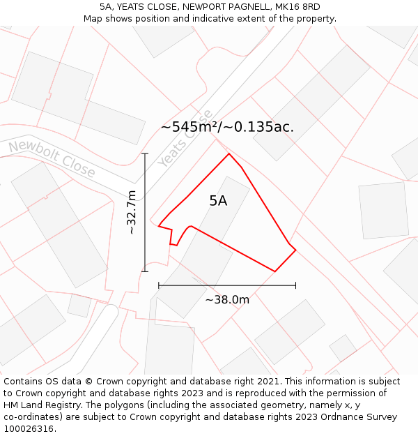 5A, YEATS CLOSE, NEWPORT PAGNELL, MK16 8RD: Plot and title map