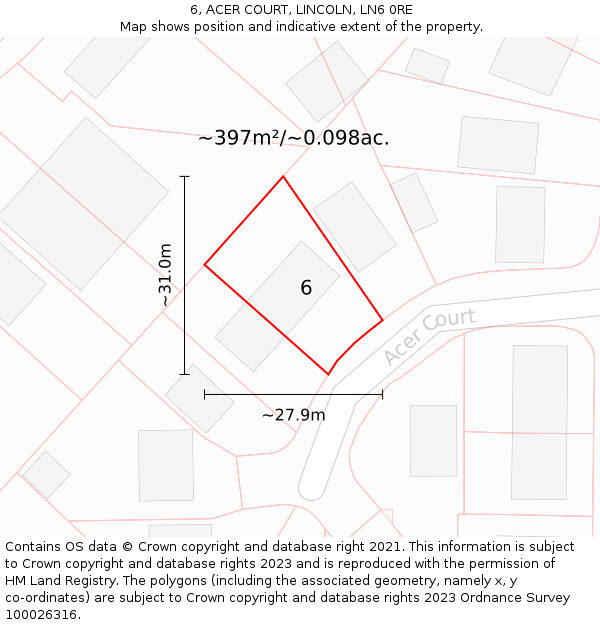 6, ACER COURT, LINCOLN, LN6 0RE: Plot and title map