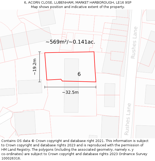 6, ACORN CLOSE, LUBENHAM, MARKET HARBOROUGH, LE16 9SP: Plot and title map