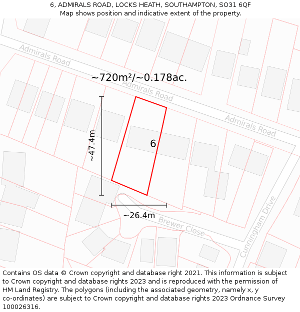 6, ADMIRALS ROAD, LOCKS HEATH, SOUTHAMPTON, SO31 6QF: Plot and title map