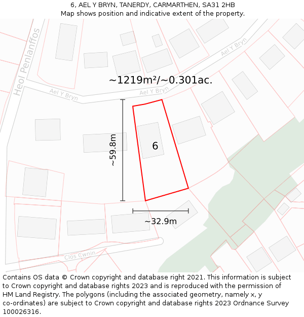 6, AEL Y BRYN, TANERDY, CARMARTHEN, SA31 2HB: Plot and title map