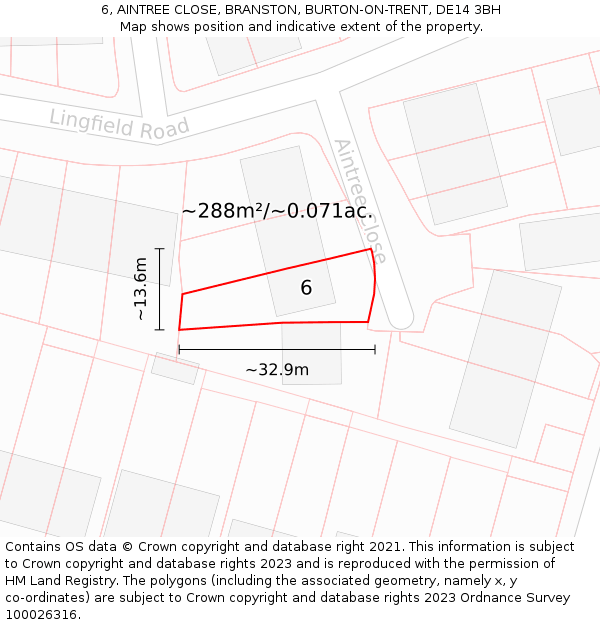 6, AINTREE CLOSE, BRANSTON, BURTON-ON-TRENT, DE14 3BH: Plot and title map