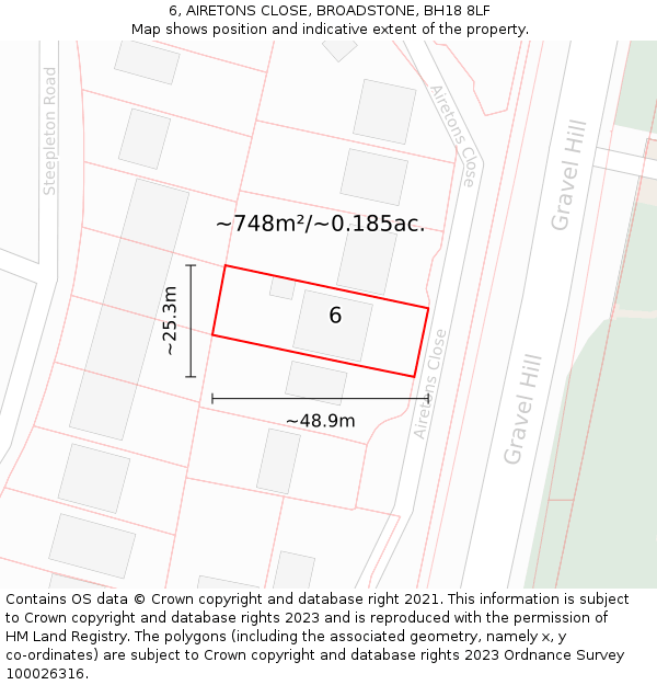 6, AIRETONS CLOSE, BROADSTONE, BH18 8LF: Plot and title map