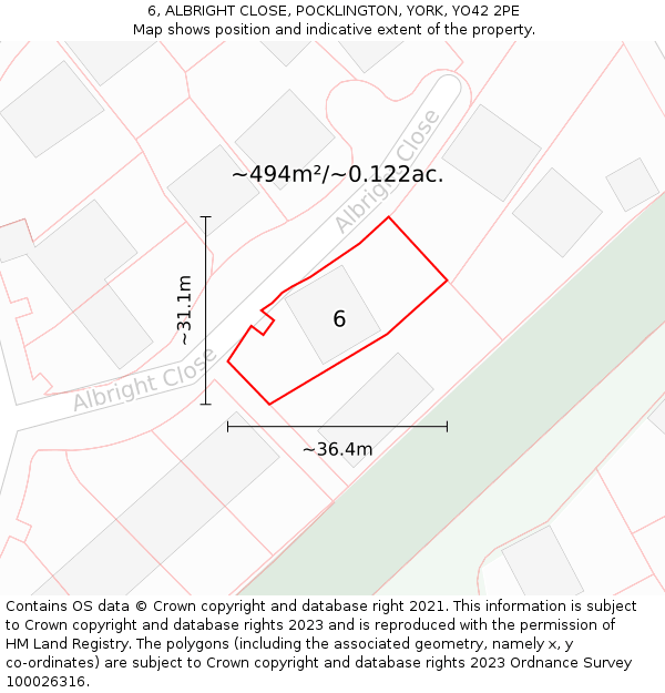 6, ALBRIGHT CLOSE, POCKLINGTON, YORK, YO42 2PE: Plot and title map