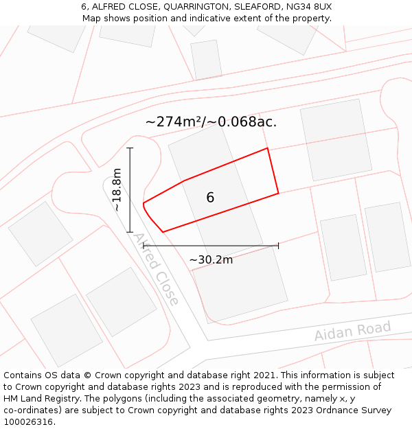 6, ALFRED CLOSE, QUARRINGTON, SLEAFORD, NG34 8UX: Plot and title map