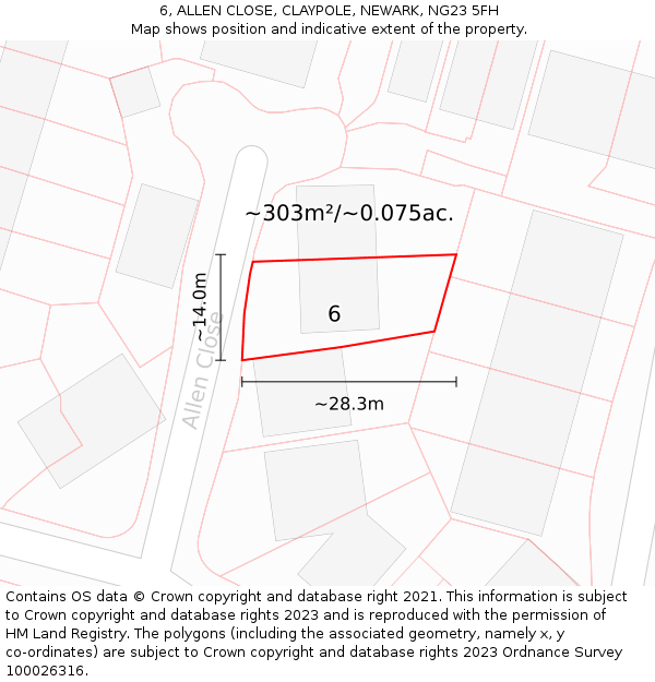 6, ALLEN CLOSE, CLAYPOLE, NEWARK, NG23 5FH: Plot and title map