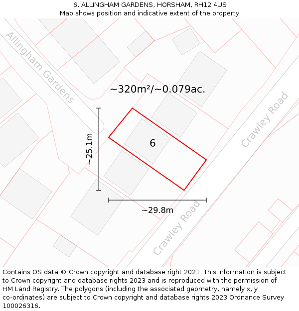 6, ALLINGHAM GARDENS, HORSHAM, RH12 4US: Plot and title map