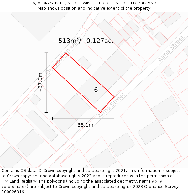 6, ALMA STREET, NORTH WINGFIELD, CHESTERFIELD, S42 5NB: Plot and title map