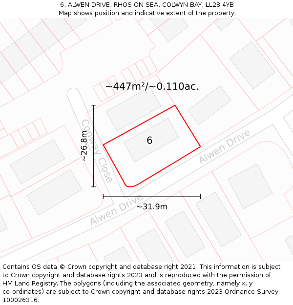 6, ALWEN DRIVE, RHOS ON SEA, COLWYN BAY, LL28 4YB: Plot and title map
