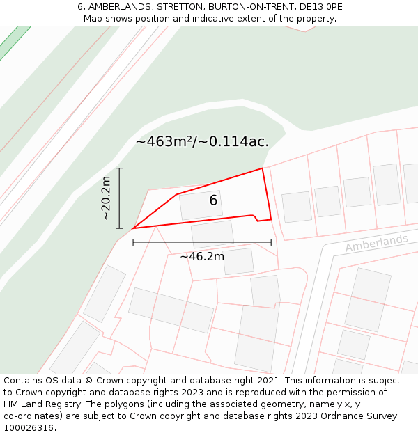 6, AMBERLANDS, STRETTON, BURTON-ON-TRENT, DE13 0PE: Plot and title map