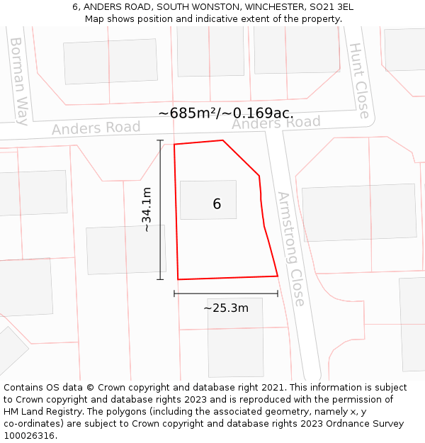 6, ANDERS ROAD, SOUTH WONSTON, WINCHESTER, SO21 3EL: Plot and title map