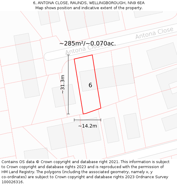 6, ANTONA CLOSE, RAUNDS, WELLINGBOROUGH, NN9 6EA: Plot and title map
