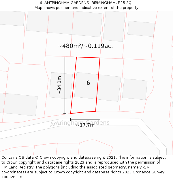 6, ANTRINGHAM GARDENS, BIRMINGHAM, B15 3QL: Plot and title map