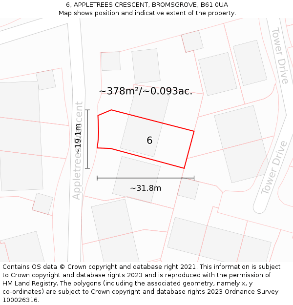 6, APPLETREES CRESCENT, BROMSGROVE, B61 0UA: Plot and title map