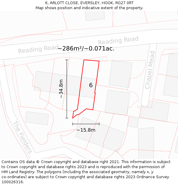 6, ARLOTT CLOSE, EVERSLEY, HOOK, RG27 0RT: Plot and title map