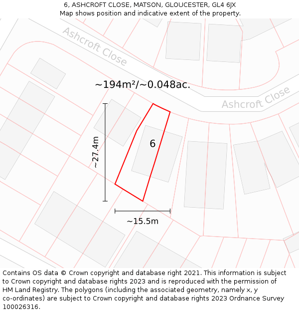 6, ASHCROFT CLOSE, MATSON, GLOUCESTER, GL4 6JX: Plot and title map
