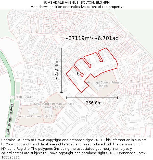 6, ASHDALE AVENUE, BOLTON, BL3 4PH: Plot and title map