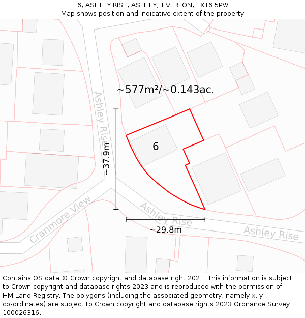 6, ASHLEY RISE, ASHLEY, TIVERTON, EX16 5PW: Plot and title map