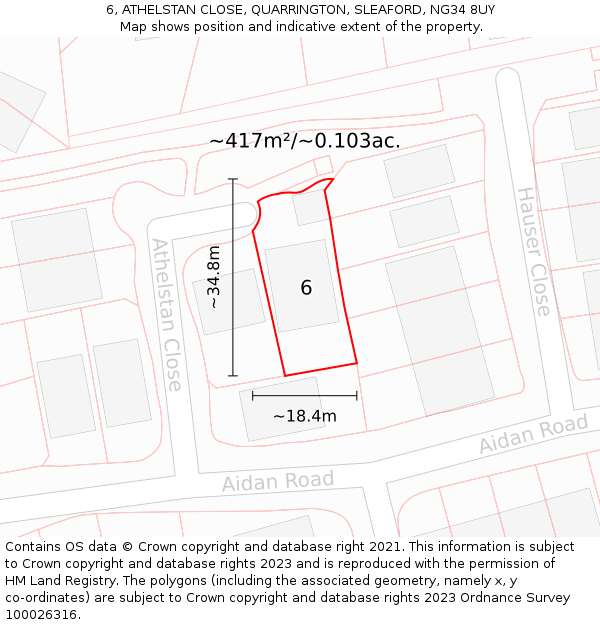 6, ATHELSTAN CLOSE, QUARRINGTON, SLEAFORD, NG34 8UY: Plot and title map