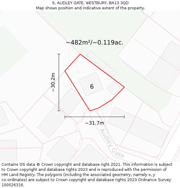 6, AUDLEY GATE, WESTBURY, BA13 3QD: Plot and title map