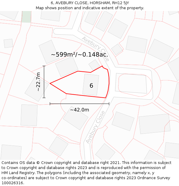 6, AVEBURY CLOSE, HORSHAM, RH12 5JY: Plot and title map