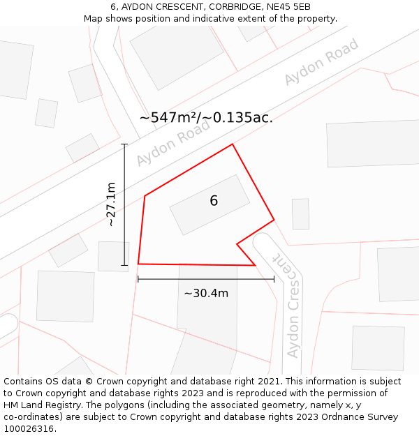 6, AYDON CRESCENT, CORBRIDGE, NE45 5EB: Plot and title map